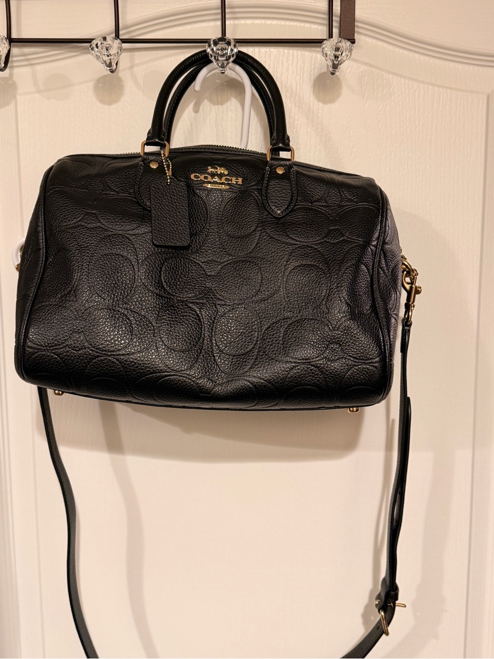 Coach Black Embossed Signature Leather Satchel with Crossbody Strap